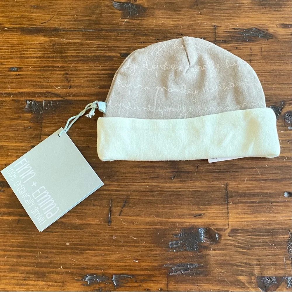 Finn + Emma Organic Cotton Baby Beanie Newborn Mint Green Gray Zoo Animal Script